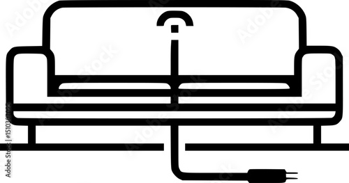 A black and white vector icon of a sofa with a power cord and plug coming out