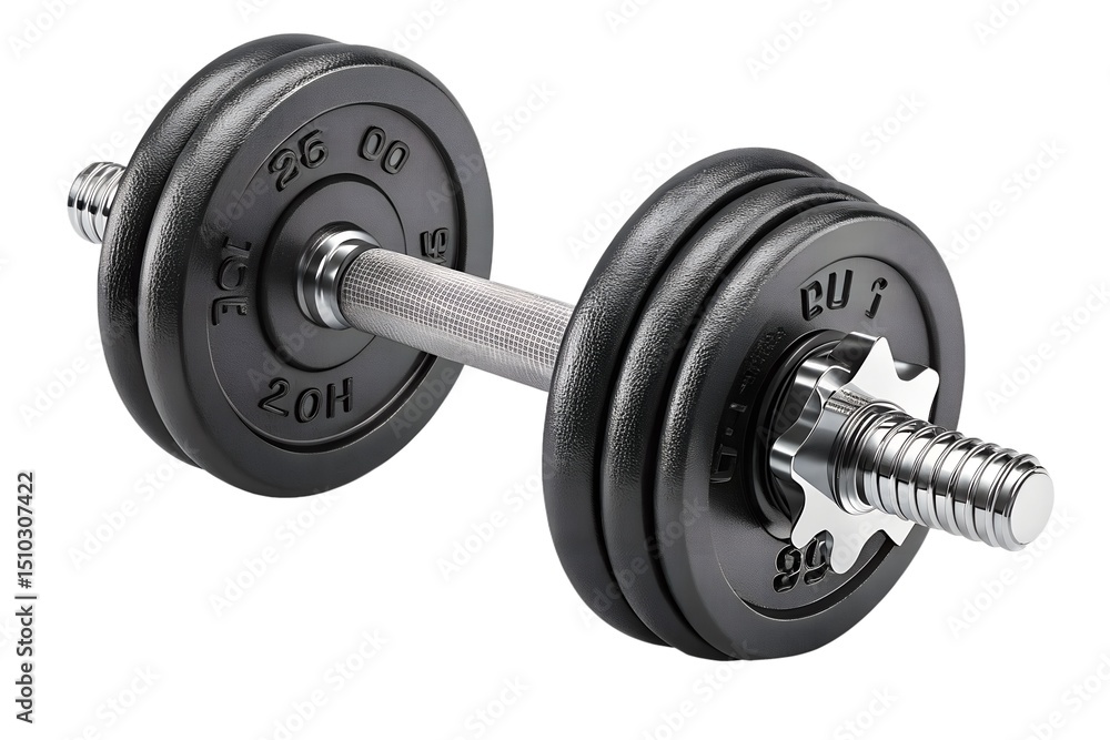 Naklejka premium Solid black weight dumbbell resting on a clean surface, symbolizing strength training and fitness goals in a modern workout environment Generative AI