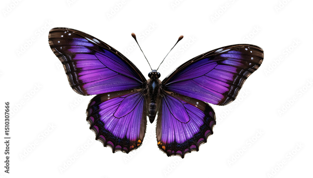 Obraz premium Purple emperor butterfly in flight, iridescent purple and black wings, isolated.