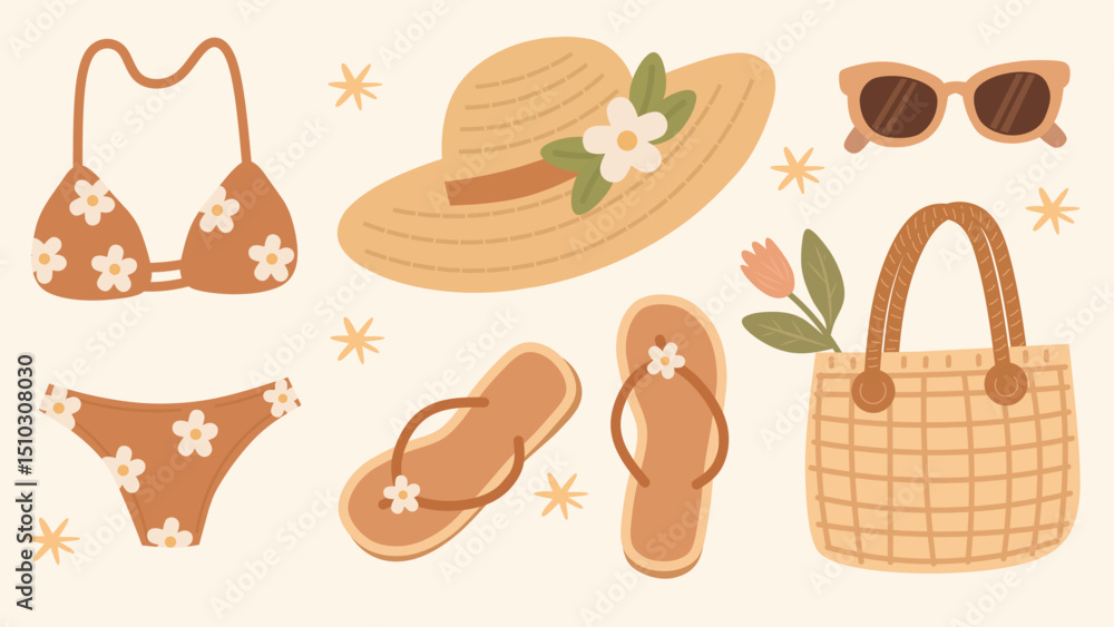 Cute summer outfit flat vector set in warm earthy tones. Includes floral bikini, sunhat, beach bag, flip-flops, and sunglasses. Perfect for summer, travel, vacation, and fashion themes. Cute summer outfit flat vector set in warm earthy tones. Includes floral bikini, sunhat, beach bag, flip-flops, and sunglasses. Perfect for summer, travel, vacation, and fashion themes.