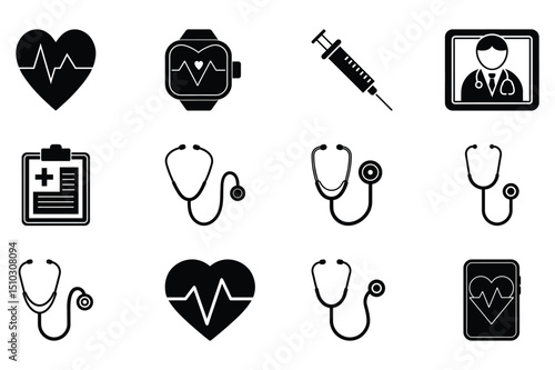 Healthcare and Medical Icons, Stethoscope, heart rate, vaccine, telemedicine, Outline 