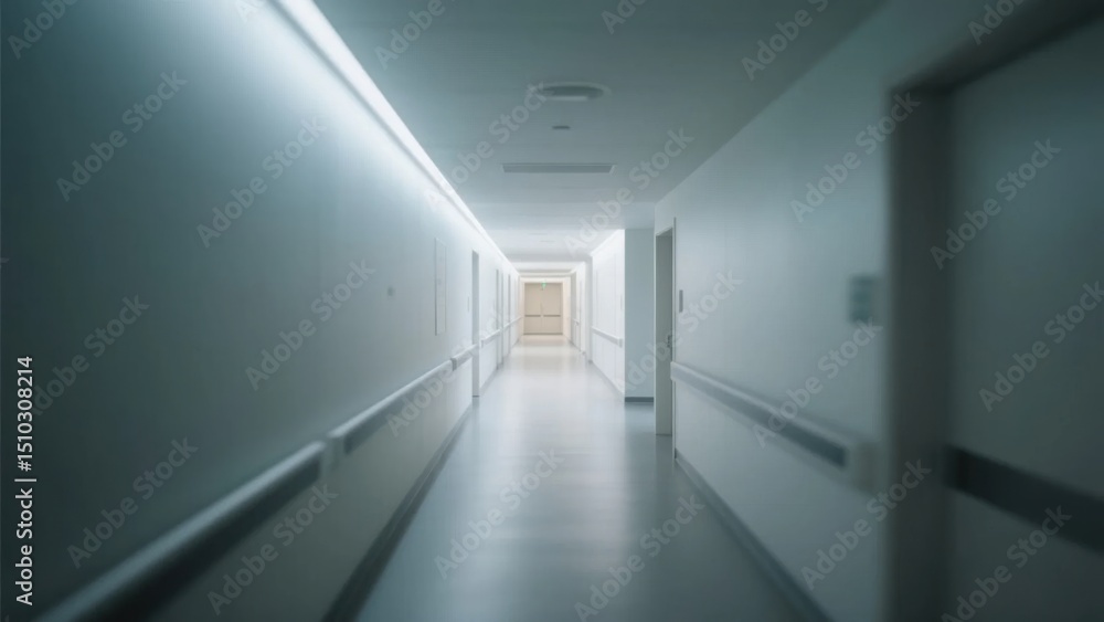 Obraz premium Minimalist medical corridor with abstract blur, conveying serenity and modern efficiency in healthcare spaces. 
