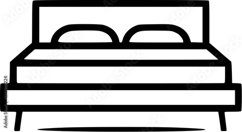 Black and white line drawing of a bed with pillows and a rectangular headboard