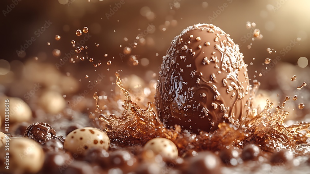 Delicious easter egg splashing in rich chocolate with droplets and treats Delicious easter egg splashing in rich chocolate with droplets and treats