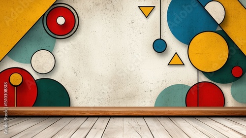 Abstract Geometric Wall Art with Colorful Circles and Triangles on Beige Textured Background and Light Wood Floor