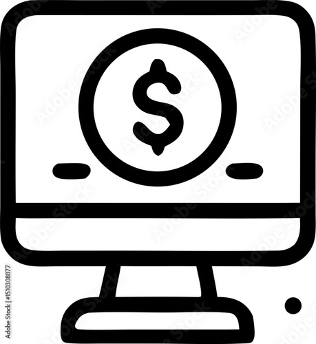 icon computer with a dollar symbol on the screen, representing digital finance, online transactions, and e-commerce. The minimalist design with clean lines enhances readability and adaptability