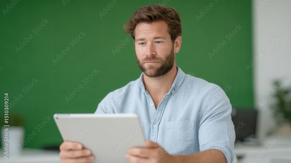 A focused man in casual clothing examines his tablet, showcasing modern technology in a professional setting. The vibrant background enhances the atmosphere of productivity. A focused man in casual clothing examines his tablet, showcasing modern technology in a professional setting. The vibrant background enhances the atmosphere of productivity.