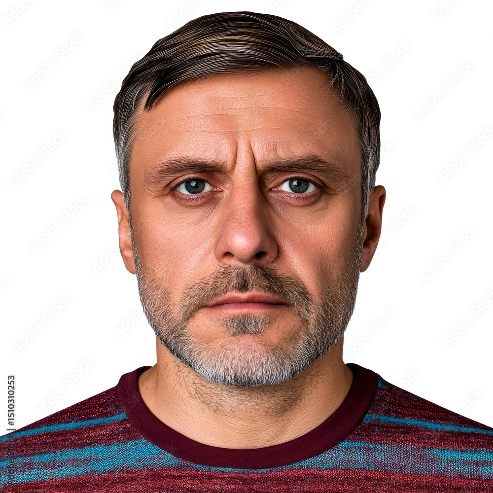 Fototapeta premium Middle-aged man with serious gaze staring, cut out transparent