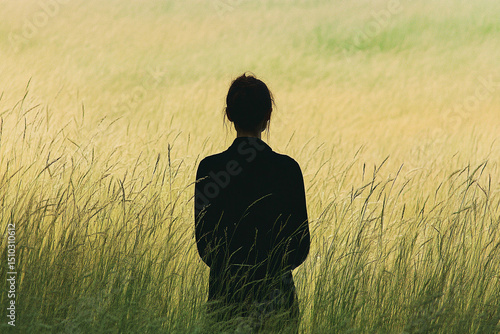 Woman wading through a field of tall grass