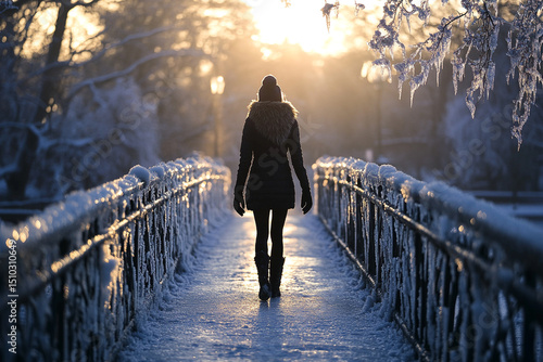 Woman walking across an icy bridge silhouette