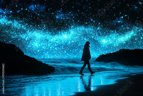 Woman walking across a river made of stars silhouette
