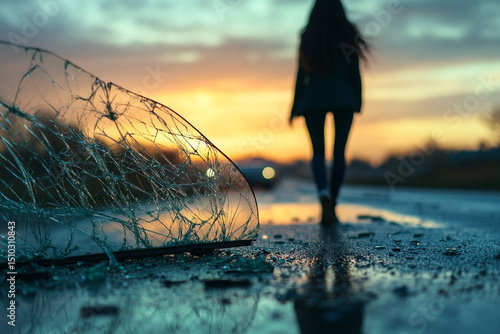 Woman walking away from a car with a shattered windshield silhouette