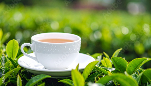 A cup of green tea in a ceramic cup against a soft green tea field.