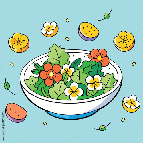 Beautiful edible flowers delicately scattered over a light, fresh salad, adding charm and color.