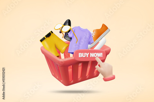 3D illustration vector render of shopping cart full of products, clothes, pants, sneakers, fashion shoes and glasses. There is a BUY NOW sign with hand click icon. Fast online shopping concept.