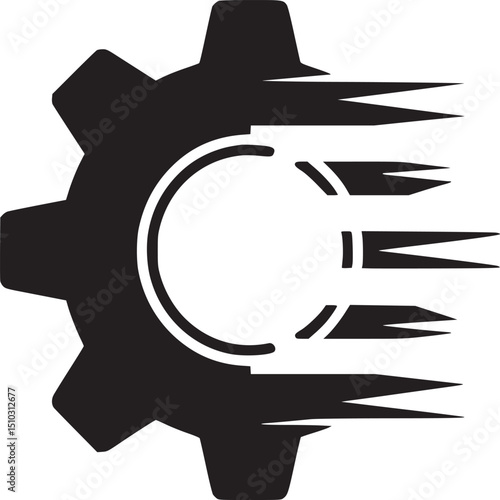 Black gear with speed lines and a circle inside on a white background