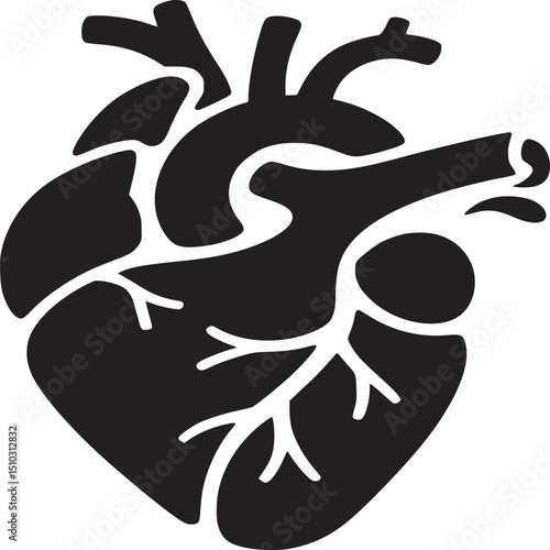 A black and white graphic illustration of a human heart anatomy art