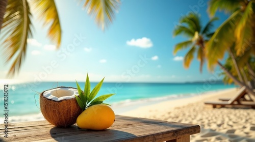 Wallpaper Mural beach scene open coconut and mango on wooden table Torontodigital.ca