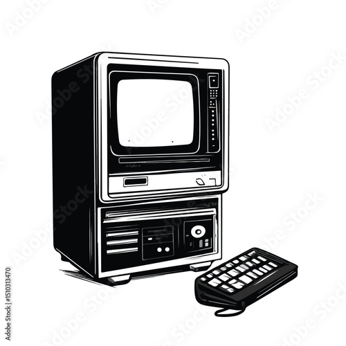 Professional Black and White Vector Illustration of PC Screen and Server for Technology Concepts