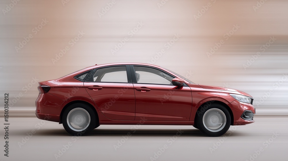 Fototapeta premium A sleek red car in motion, showcasing modern design and aerodynamic features. The blurred background emphasizes speed, perfect for automotive and travel themes.