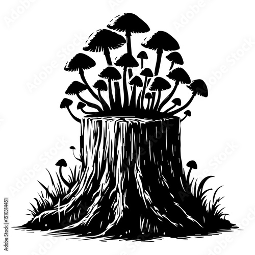 A black and white silhouette of a stump on which inedible toadstool mushrooms grow on a white isolated background. vector graphics. EPS.