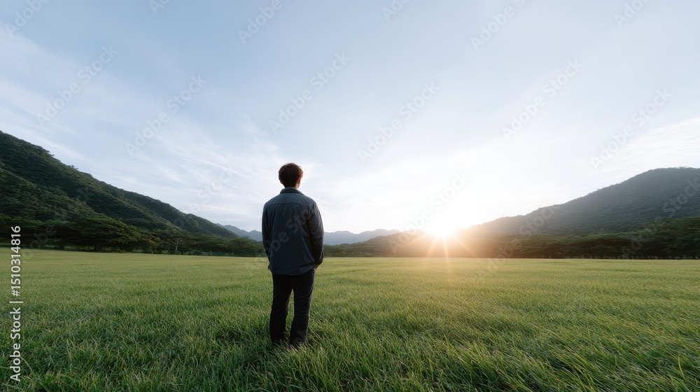 A solitary figure stands in a vast green field while gazing at a serene sunrise over distant mountains, embodying tranquility and reflection in nature's beauty. A solitary figure stands in a vast green field while gazing at a serene sunrise over distant mountains, embodying tranquility and reflection in nature's beauty.
