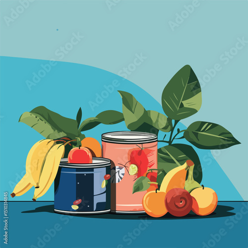 Botanical Donation Concept with Tin, Box, and Fresh Fruits on Blue Background