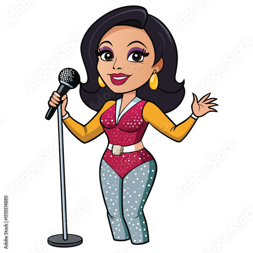 Dynamic female singer holding a microphone, wearing a glittery outfit, performing on stage.