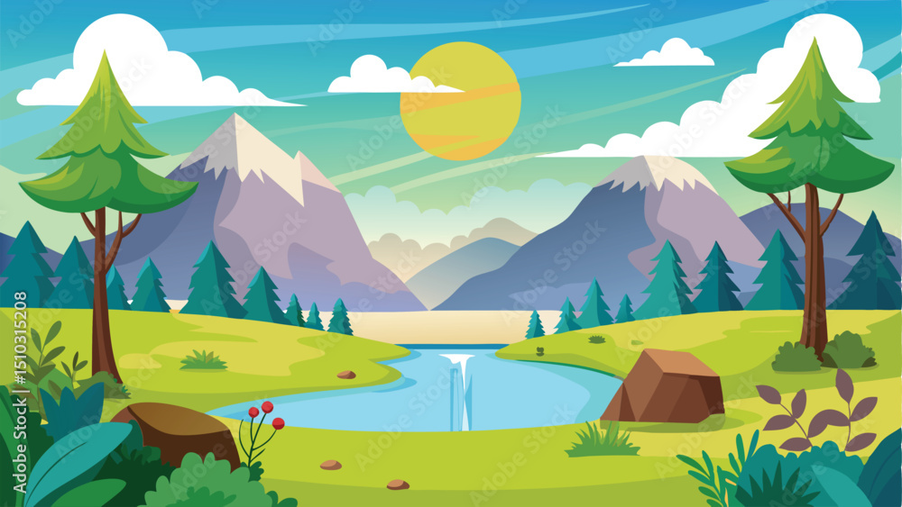 Naklejka premium Cartoon Landscape with Mountains, Trees, Lake, Sun, and Clouds, Nature Illustration