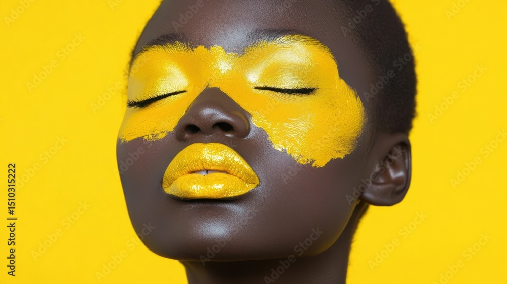 Striking Portrait of a Woman with Yellow Painted Face Striking Portrait of a Woman with Yellow Painted Face