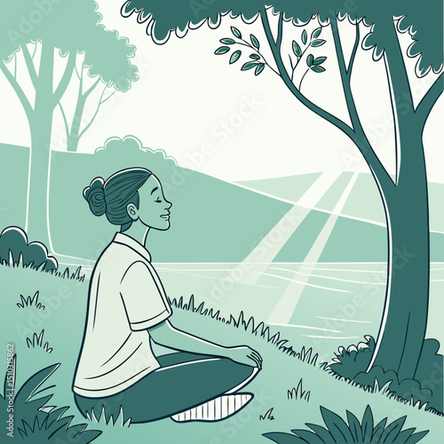 Vector art woman meditating under a tree in a serene landscape with sunlight filtering through the branches above her