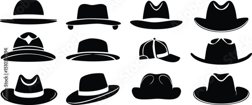 Vector collection of classic black fedora hats with contrasting white hatbands in clean graphic design with sharp shadows and floating presentation