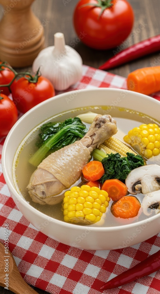 Delicious Chicken Soup Recipe with Corn Carrots Mushrooms and Spinach Delicious Chicken Soup Recipe with Corn Carrots Mushrooms and Spinach