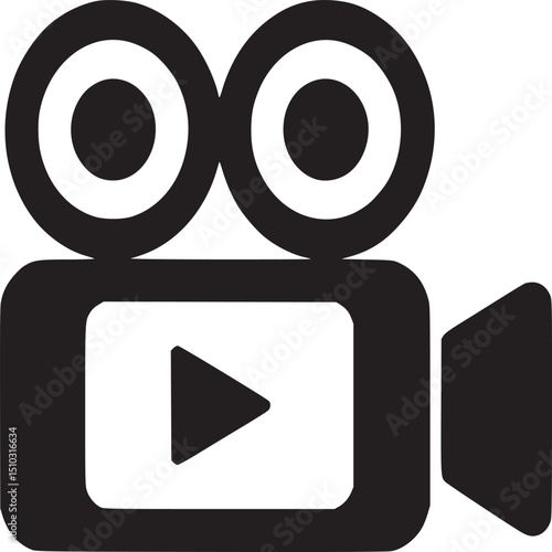 A black and white icon of an old fashioned film camera on white background