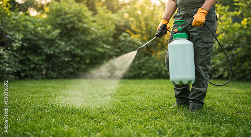A person spraying pesticide on a green lawn with trees in the background on a sunny day outdoors