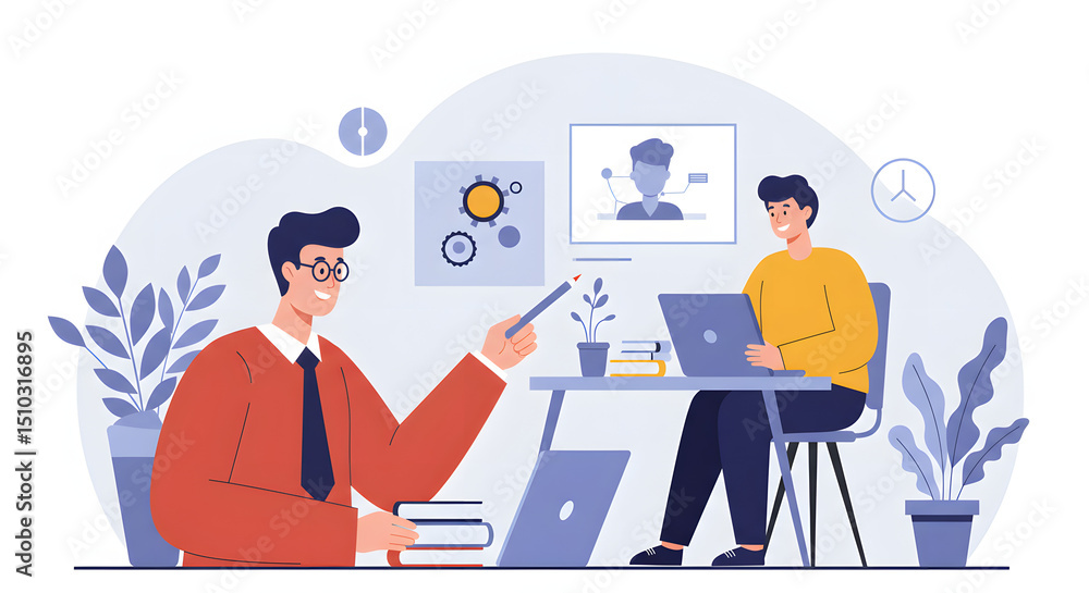 Online Video Conference with Two Men Working in Modern Office Space Online Video Conference with Two Men Working in Modern Office Space