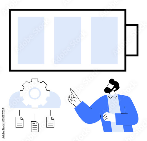 Battery icon above cloud gear and document icons, person gestures towards elements. Ideal for technology, energy, workflow, cloud computing, management, optimization and sustainability themes. Flat