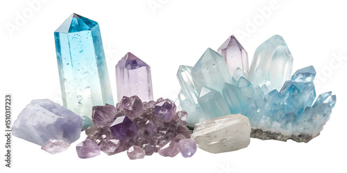 Colorful assortment of shimmering crystals showcasing various shapes and textures, reflecting light beautifully in a vibrant display of nature's artistry Generative AI