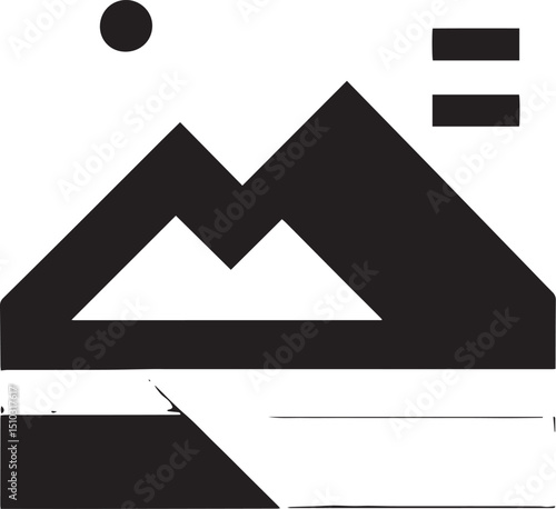 A stylized landscape with mountains a sun or moon and what a body of water or land below along with two horizontal bars in the upper right