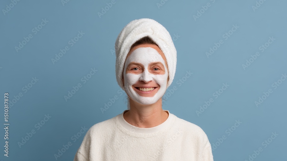 Obraz premium A young woman with a towel on her head smiles while applying a facial mask, radiating joy and relaxation