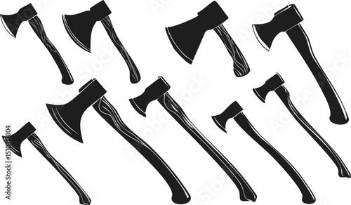 set of axe, vector art showing a clean and precise frontal view of ten axes with curved wooden handles and dark grey metal heads emphasizing form and rugged utility