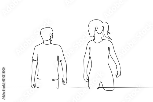 woman turned around at passing man - one line art vector. concept woman fell in love at first sight, man ignores woman, male attractiveness