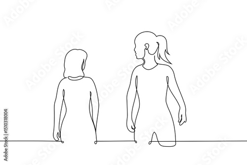 woman turned around at woman passing by - one line art vector. concept lesbian fell in love at first sight, woman ignores woman, female attractiveness, girl crush