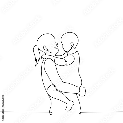 mother and son in her arms smiling at each other, mother and child hug - one line art vector. mother's day, family connection, children's day, successful single mother