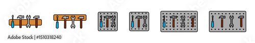 Colorful Tool Set Hanging on Wall – Organized Tools on Metal Rack, Vector Illustration for Workshop and DIY