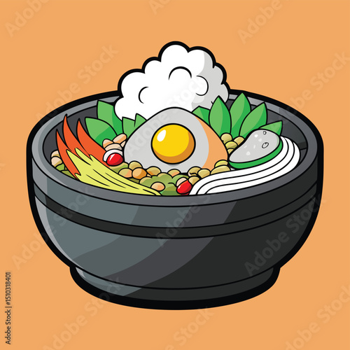 Authentic Korean bibimbap served in a sizzling hot stone bowl, topped with fresh vegetables and egg.