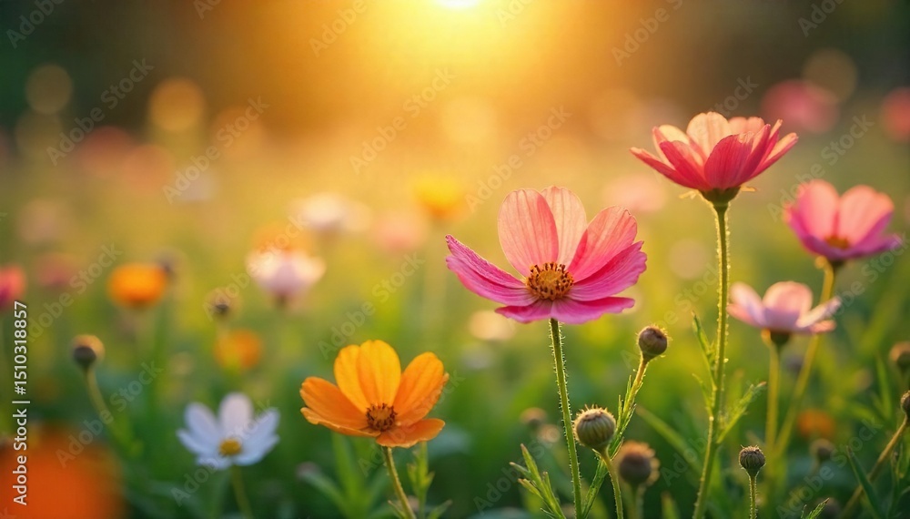 Close-up of dew-kissed wildflowers in a vibrant meadow, bathed in the morning sun's golden light, exuding natural freshness and vitality , garden, bloom Close-up of dew-kissed wildflowers in a vibrant meadow, bathed in the morning sun's golden light, exuding natural freshness and vitality , garden, bloom