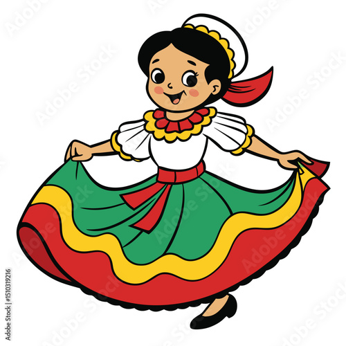 Mexican woman in folklorico dress dancing cultural performance