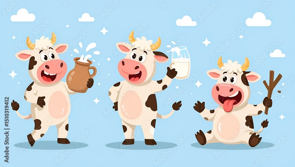 Naklejka premium Cows celebrating joyfully with milk, pottery, and playfulness in a sunny blue sky, inviting smiles and cheerfulness to the farm scene Generative AI