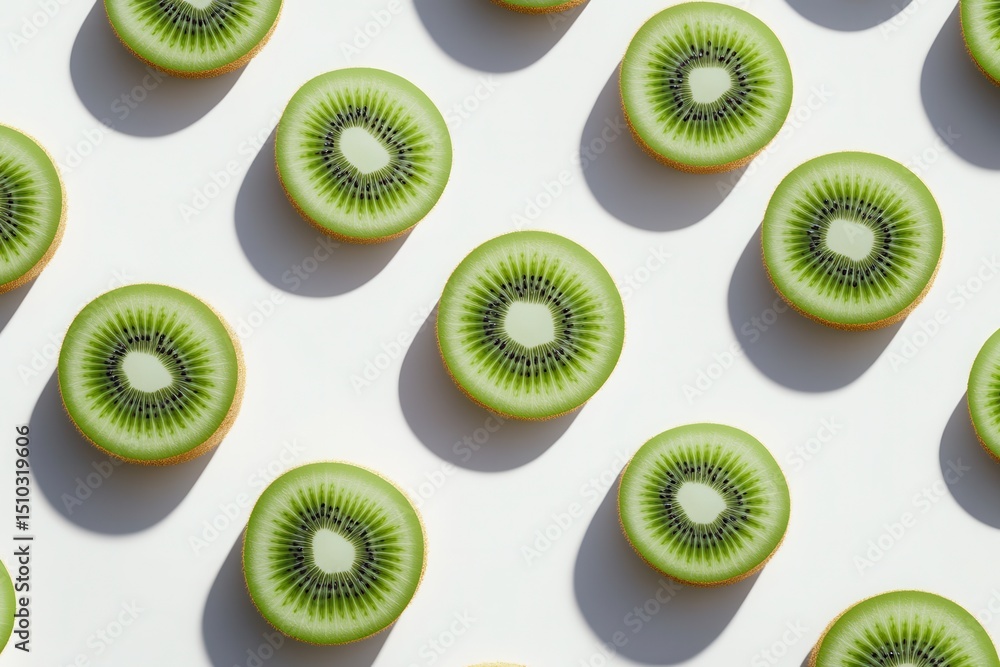 Fototapeta premium Freshly sliced kiwifruit arranged symmetrically on a clean surface, showcasing vibrant colors